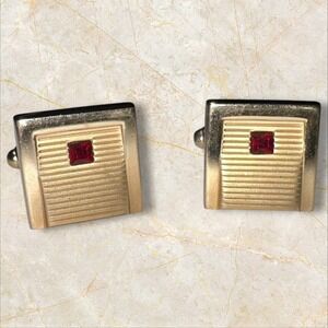 Vintage Anson Gold Tone and Red‎ Stone Square Textured Cuff Links
